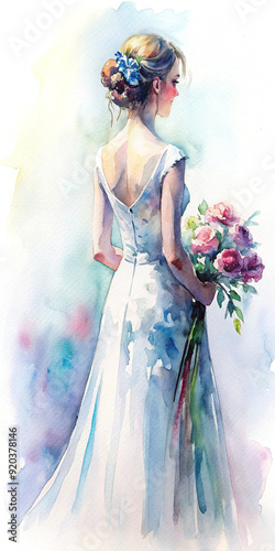 An elegant bride stands with her back turned, wearing a long white wedding dress and carrying a bouquet of flowers, against a monochrome background that captures timeless beauty