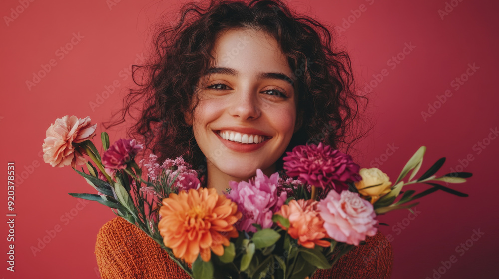 Woman with a radiant smile holding a bouquet of flowers Woman with a radiant smile holding a bouquet of flowers