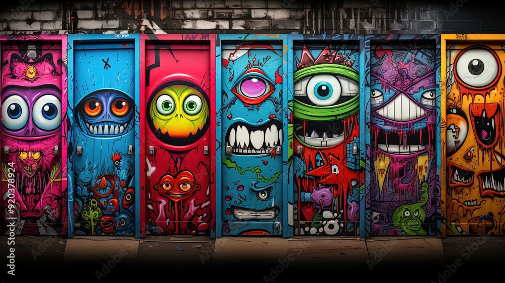 Fototapeta premium Alien cartoon face graffiti on wall design, funny face and alien things,