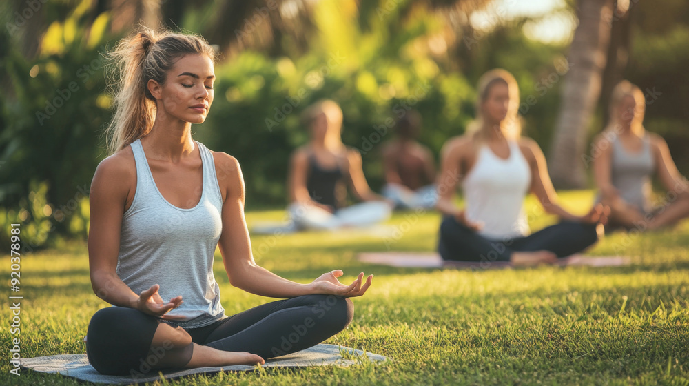 Yoga instructor leading a group class in a serene outdoor setting Yoga instructor leading a group class in a serene outdoor setting