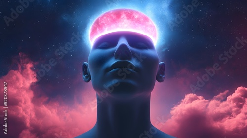 A surreal image of a human head with a glowing orb above it, set against a backdrop of pink clouds and a starry night sky. photo