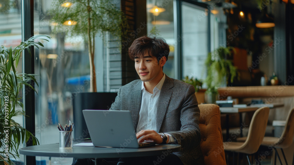 Young entrepreneur working on a laptop at a stylish workspace