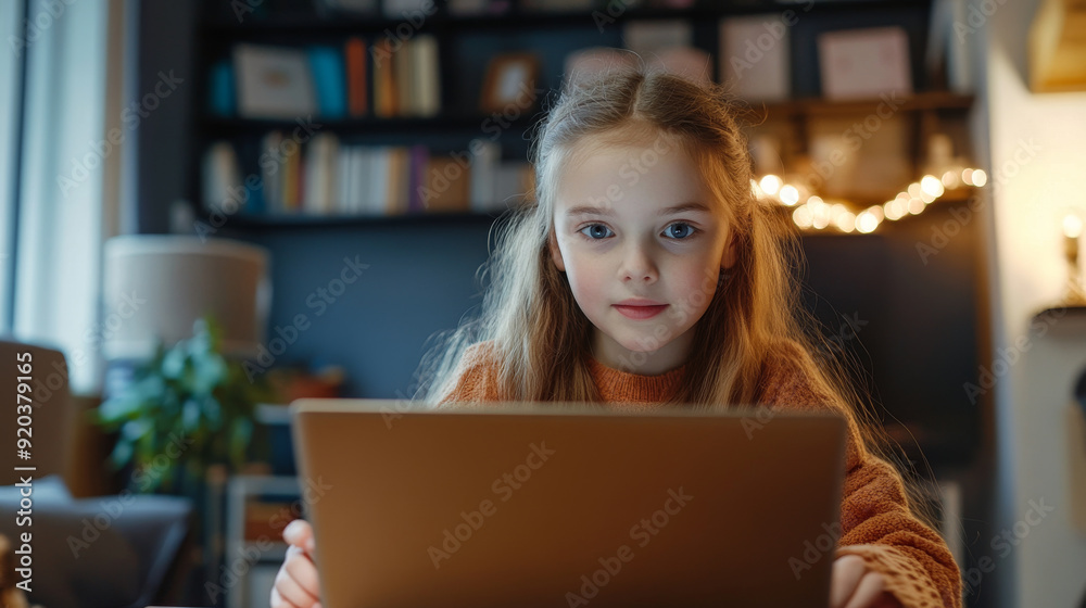 Young girl attending an online class from home Young girl attending an online class from home