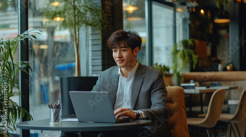 Young entrepreneur working on a laptop at a stylish workspace