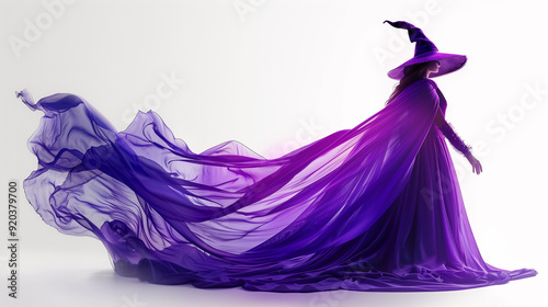 a witch on white background wearing a outfit made of purple magic smoke 