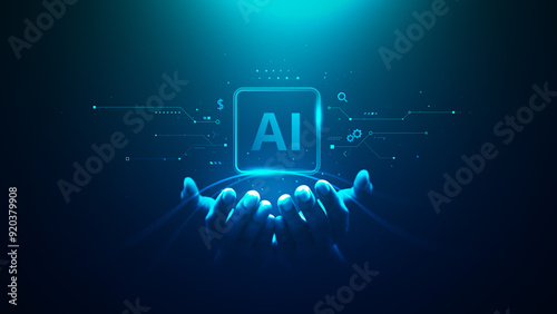 Photography Technology artificial intelligence digital ai hand concept on cyber future business tech science innovation futuristic network strategy background virtual data communication learning assistant search
