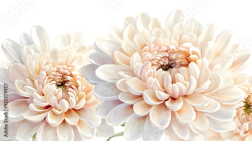 A close-up illustration of soft, pastel-colored chrysanthemums in full bloom.