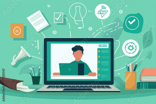 A man is sitting in front of a laptop with a green background