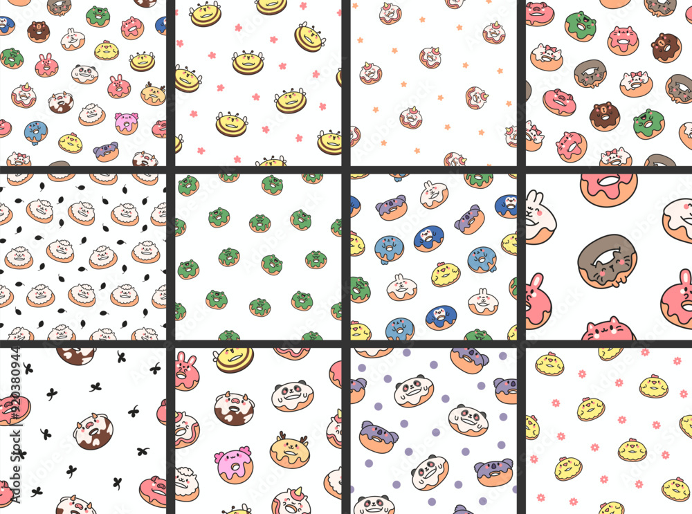 Cute kawaii donut with animal face. Seamless pattern. Cartoon funny food. Hand drawn style. Vector drawing. Collection of design ornaments. Cute kawaii donut with animal face. Seamless pattern. Cartoon funny food. Hand drawn style. Vector drawing. Collection of design ornaments.