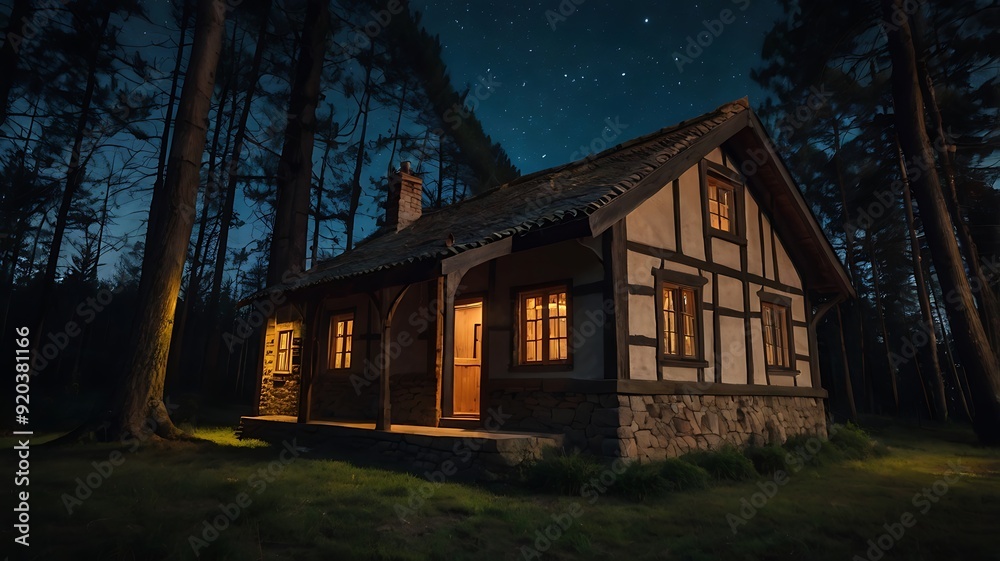 Obraz premium Old cottage in the middle of forest night with a lake nearby, starry full moon night landscape