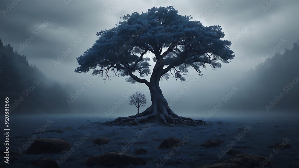 Mystical landscape of a forest with a unique lonely tree, dark themed fantasy illustration Mystical landscape of a forest with a unique lonely tree, dark themed fantasy illustration