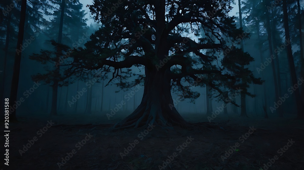 Naklejka premium Mystical landscape of a forest with a unique lonely tree, dark themed fantasy illustration