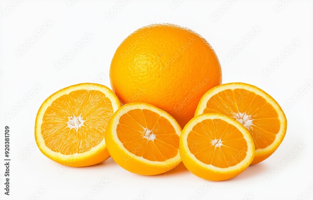 Whole Orange with Freshly Sliced Halves Displaying Juicy Interior on White Background Whole Orange with Freshly Sliced Halves Displaying Juicy Interior on White Background