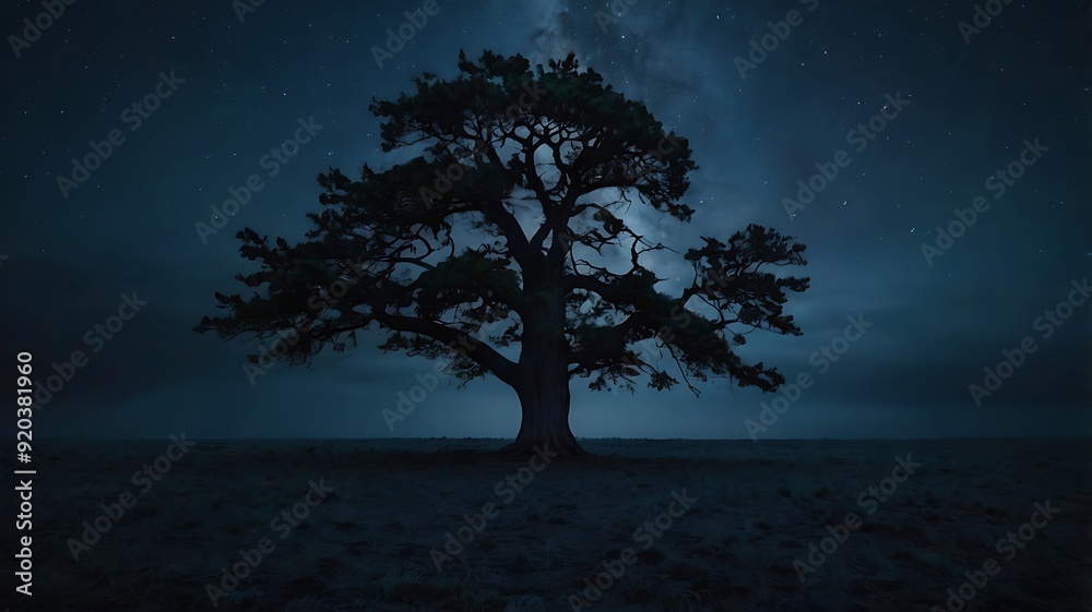 Mystical landscape of a forest with a unique lonely tree, dark themed fantasy illustration Mystical landscape of a forest with a unique lonely tree, dark themed fantasy illustration