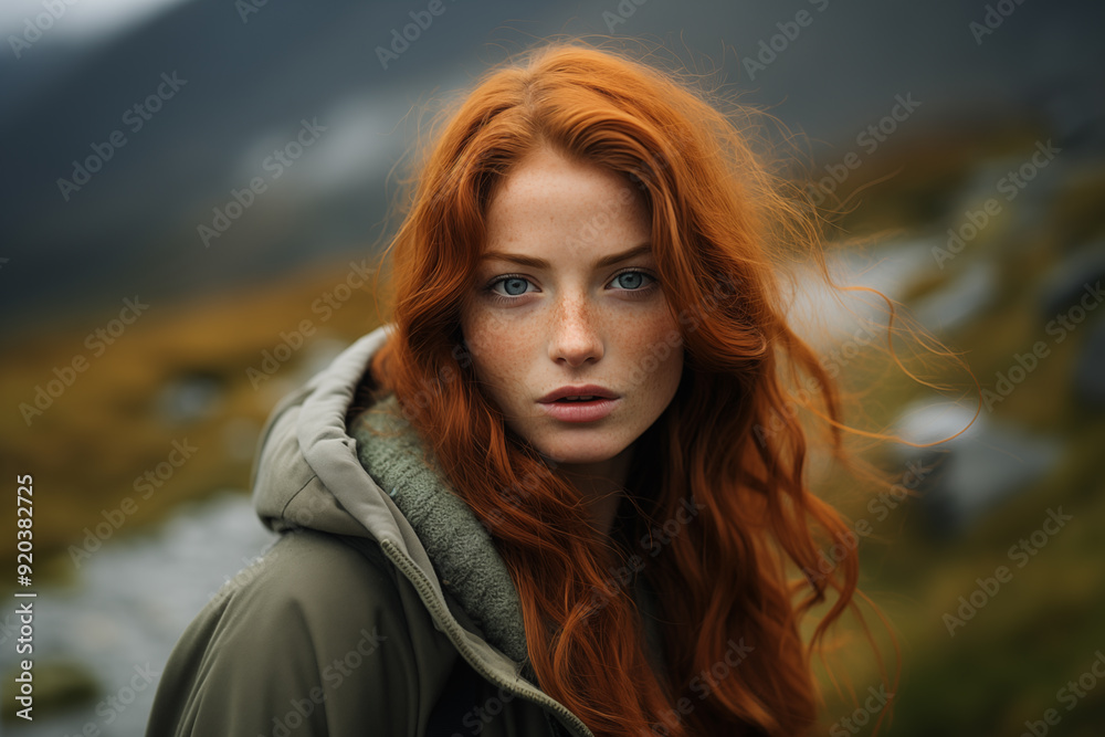 Fototapeta premium Close-up photo of a girl with green eyes and freckles on her face in the mountains