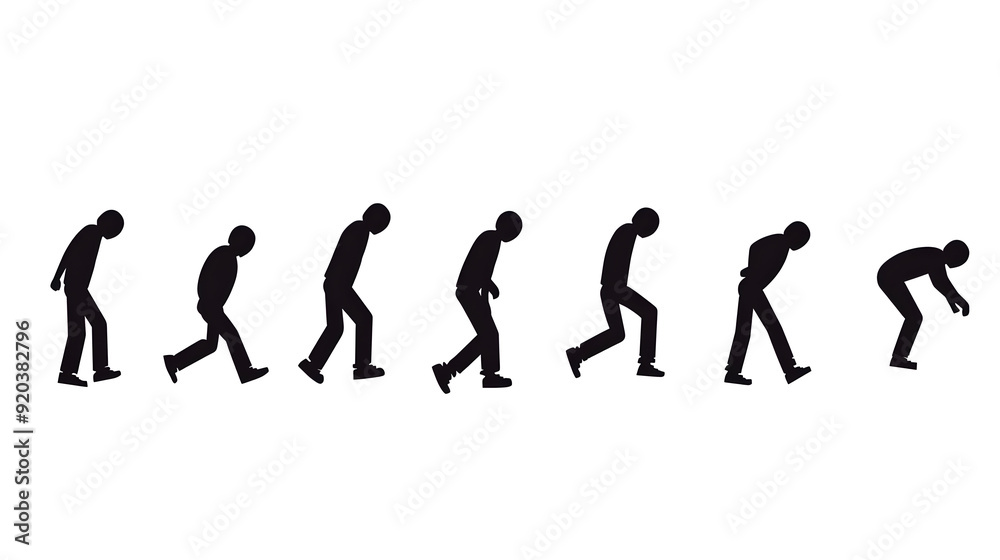 A silhouette sequence depicting human evolution from ape to upright walking. A silhouette sequence depicting human evolution from ape to upright walking.