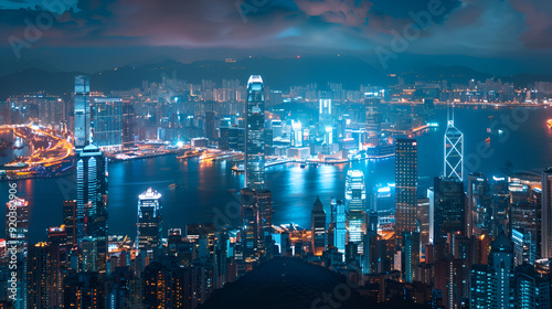 Wallpaper Mural  a vibrant cityscape at night, likely featuring a waterfront with reflections of the city lights on the water The skyscrapers are illuminated in various colors, creating a striking  contrast Torontodigital.ca