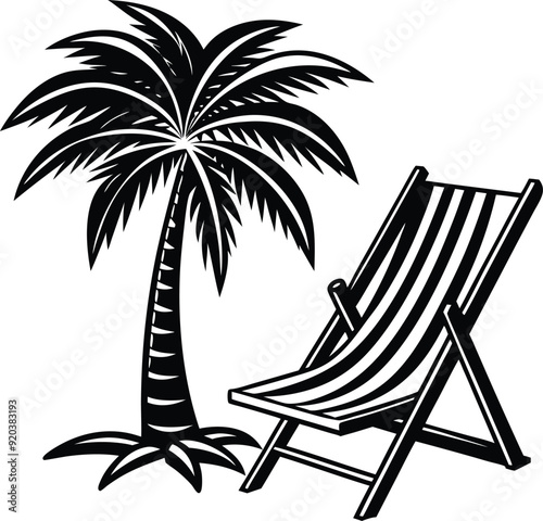 Beach chair and palm tree on a white backdrop with a vector silhouette
