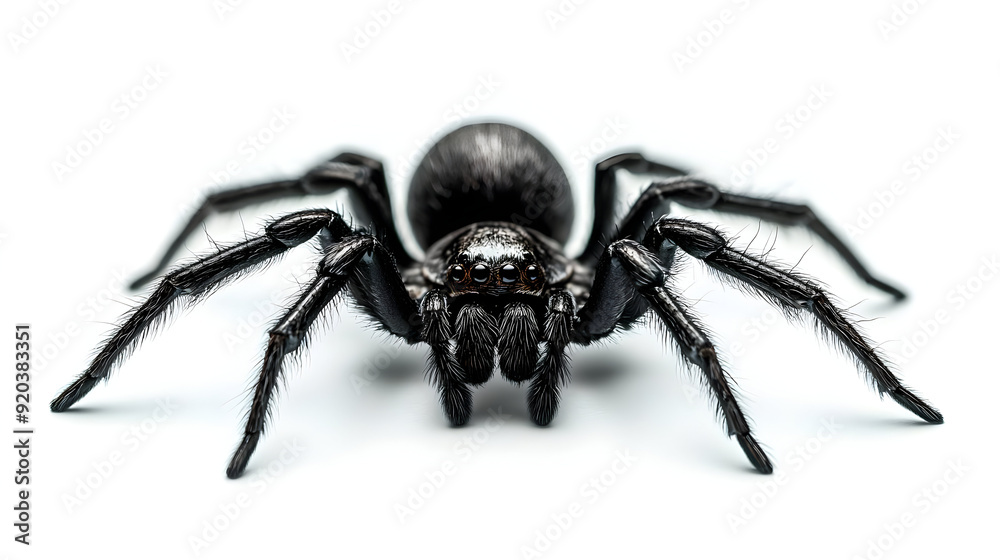 A close-up image of a black spider showcasing its detailed features. A close-up image of a black spider showcasing its detailed features.
