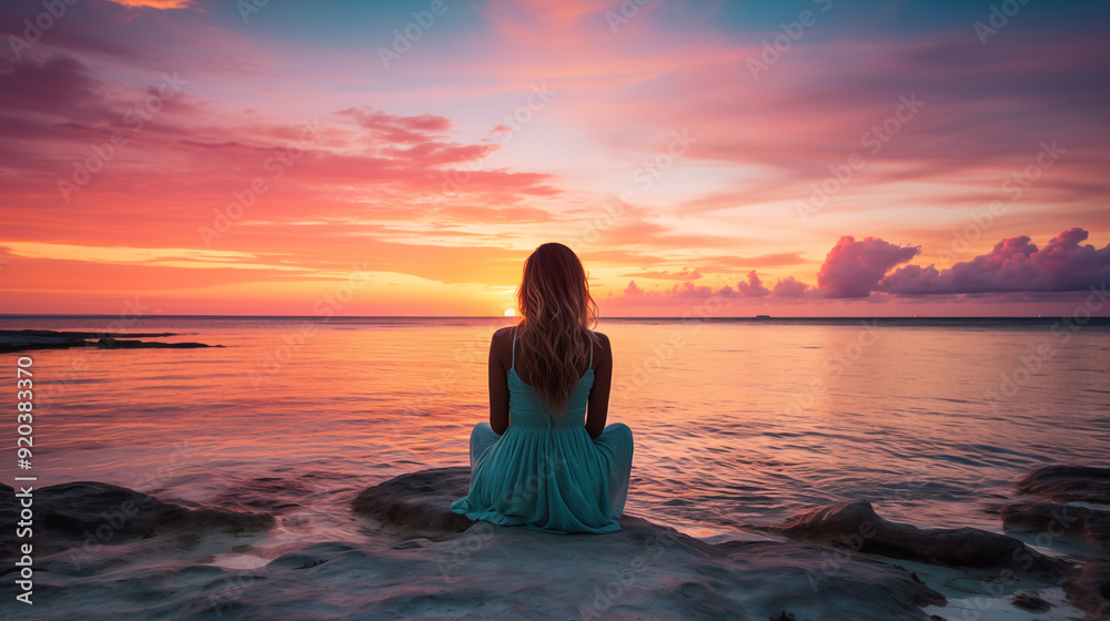 woman meditating on the beach at sunset woman meditating on the beach at sunset