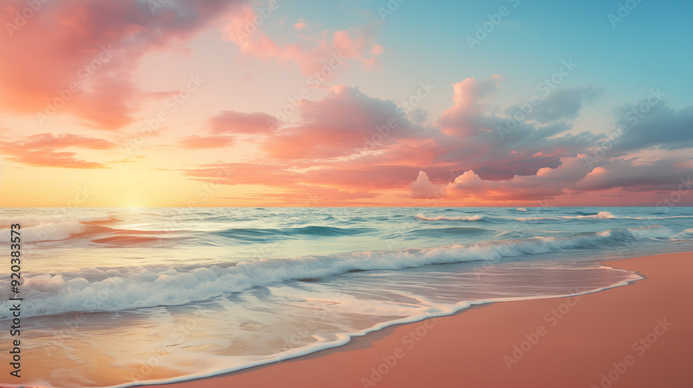 Fototapeta premium Tropical beach. Sunset on the sea waves.