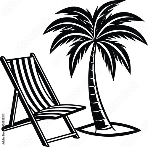 Beach chair and palm tree on a white backdrop with a vector silhouette
