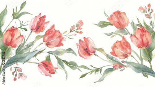 Fototapeta Naklejka Na Ścianę i Meble -  Graceful tulip watercolor design with soft illustrations of tulips and leaves in a floral frame.