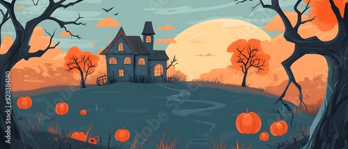 Spooky Halloween scene with a haunted house, pumpkins and a large full moon.