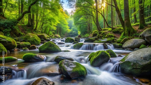 Fresh water cascades over river rocks in a serene forest setting, symbolizing renewal and purification in this calming and soothing natural environment scene.