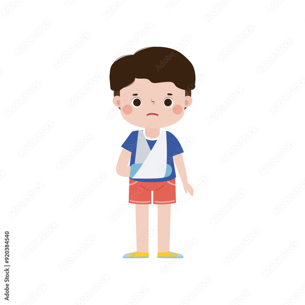 kid injured with broken arm in gypsum. cute cartoon disabled character broken arm in plaster. isolated on white background Vector illustration kid injured with broken arm in gypsum. cute cartoon disabled character broken arm in plaster. isolated on white background Vector illustration
