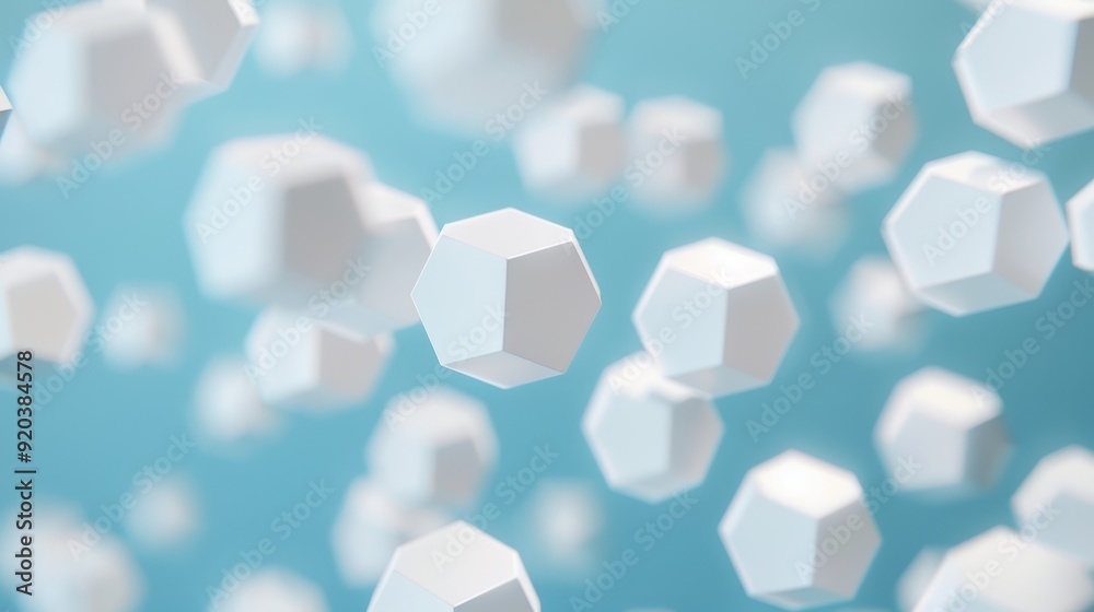 Abstract design featuring floating white hexagons on a soft blue background, perfect for technology and science concepts. Abstract design featuring floating white hexagons on a soft blue background, perfect for technology and science concepts.
