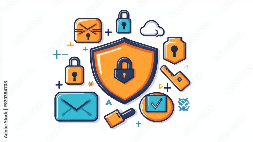 Digital security measures, icons of various security practices, flat design illustration,copy space, focus cover all object, deep dept of field Digital security measures, icons of various security practices, flat design illustration,copy space, focus cover all object, deep dept of field
