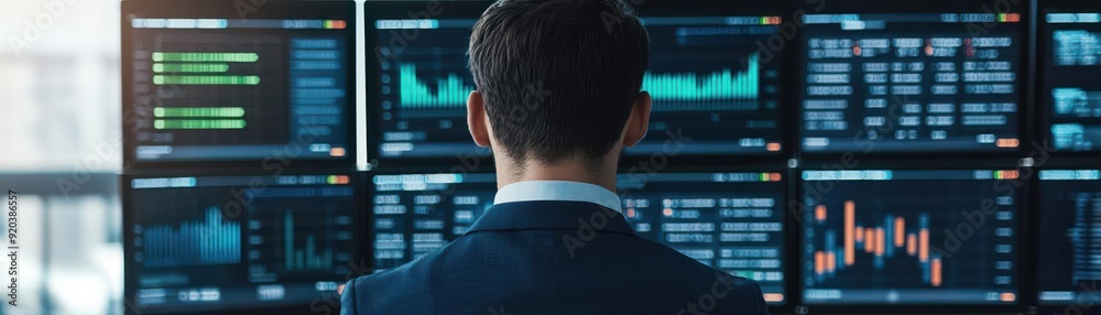 A focused professional analyzing data on multiple screens in an office environment, highlighting modern technology and finance.