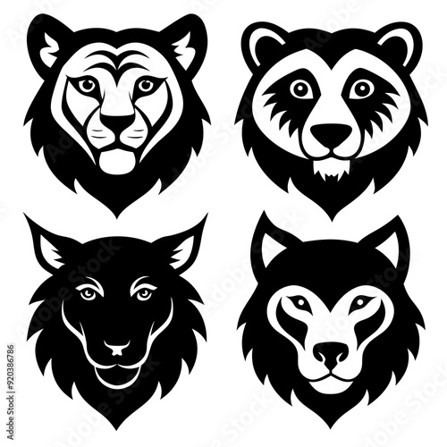 set of black and white wild life animals vector illustrations