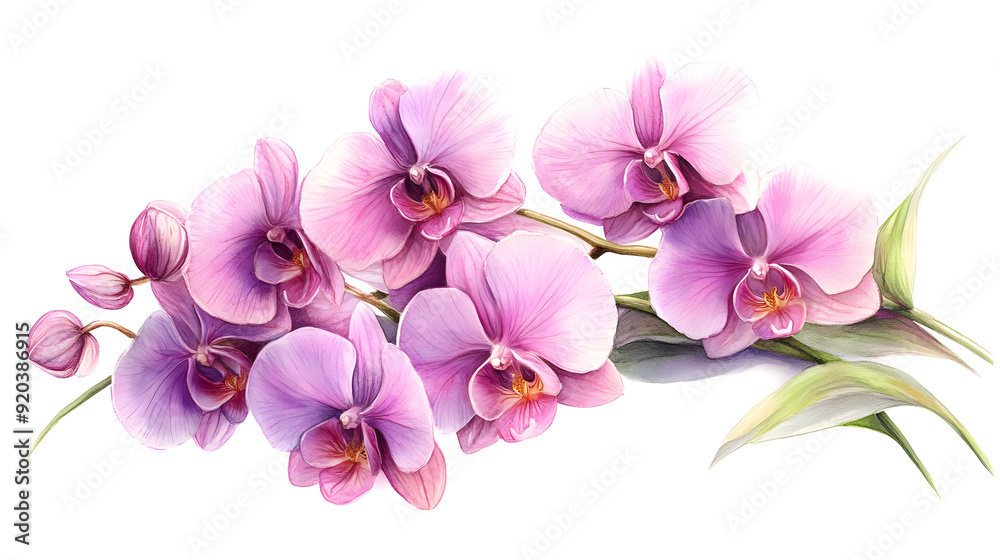 A beautiful arrangement of pink orchids on a white background. A beautiful arrangement of pink orchids on a white background.