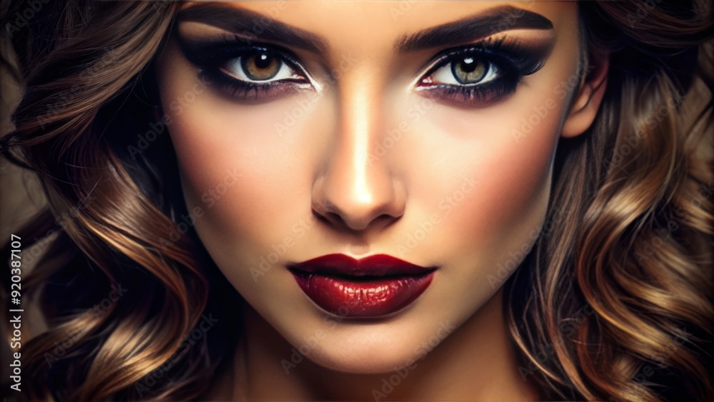 Intense gaze from smoky eyes fringed with luscious lashes, paired with plump, glossy lips curved into a subtle, enigmatic smile. Intense gaze from smoky eyes fringed with luscious lashes, paired with plump, glossy lips curved into a subtle, enigmatic smile.