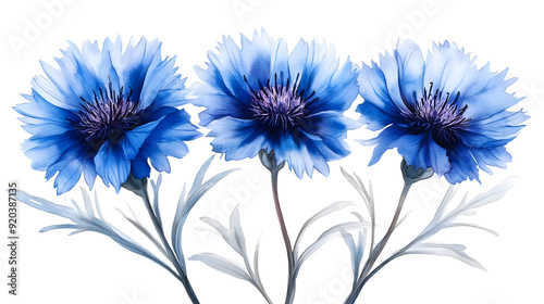 A watercolor illustration of three blue flowers with delicate leaves.