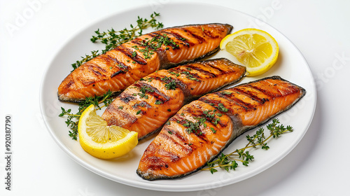 Succulent Grilled Salmon with Lemon Wedges and Fresh Herbs