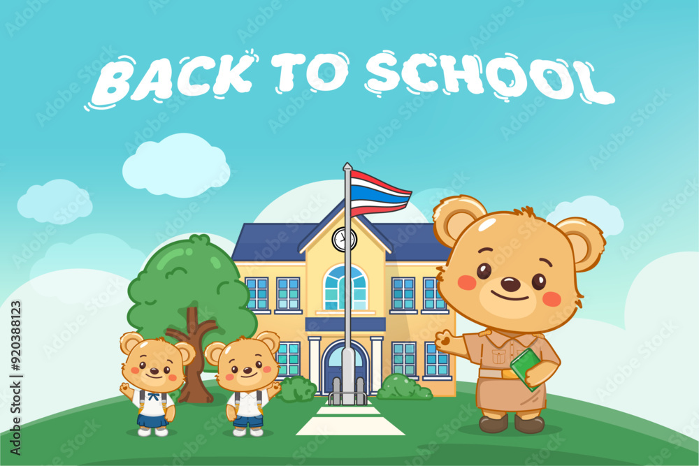 Fototapeta premium Cute little bear student cartoon characters, wearing student uniform in back to school. illustration vector premium.