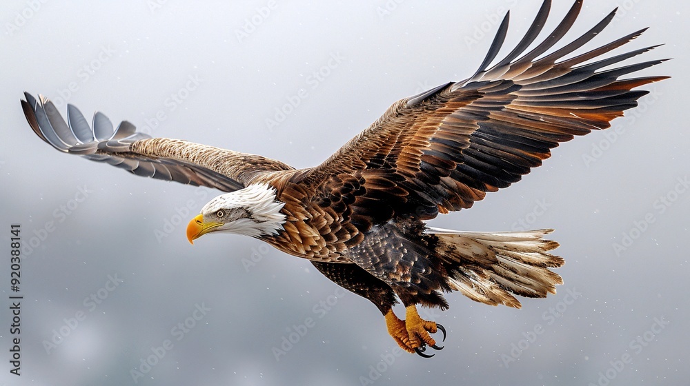 A striking bald eagle soaring majestically above a foggy forest, showcasing its impressive wingspan in flight. A striking bald eagle soaring majestically above a foggy forest, showcasing its impressive wingspan in flight.