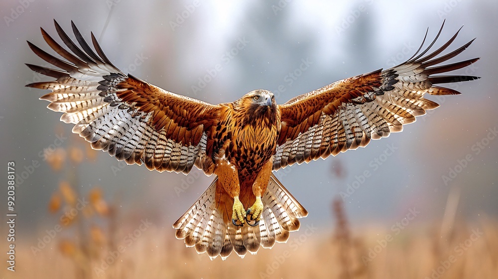 Obraz premium A majestic eagle caught in motion with its wings fully extended, gliding effortlessly through the wilderness sky.