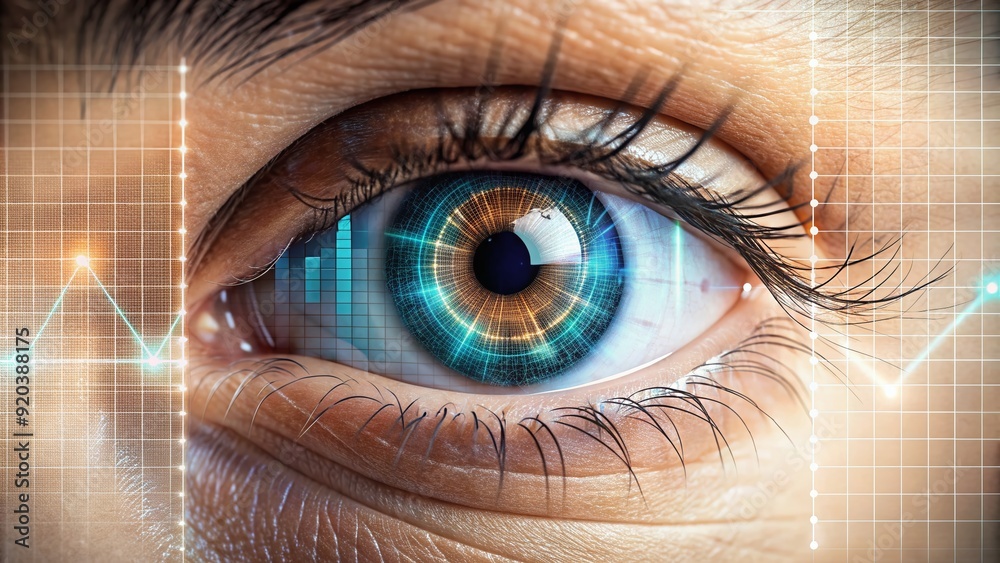 Obraz premium Macro shot of a human eye with a subtle grid chart pattern in the background, symbolizing vision, health, and analytical data representation.