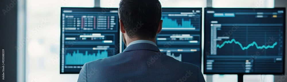 A professional analyzing data on multiple screens in a modern office environment, showcasing financial trends and insights. A professional analyzing data on multiple screens in a modern office environment, showcasing financial trends and insights.