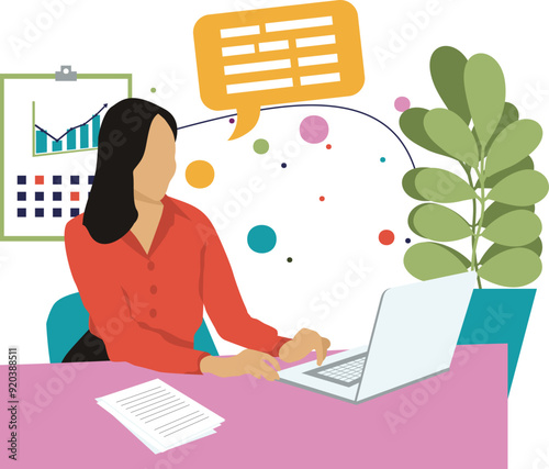 illustration of a bussines woman perhaps a secretary typing on a laptop, suitable for illustrations with business, finance, education and work themes.