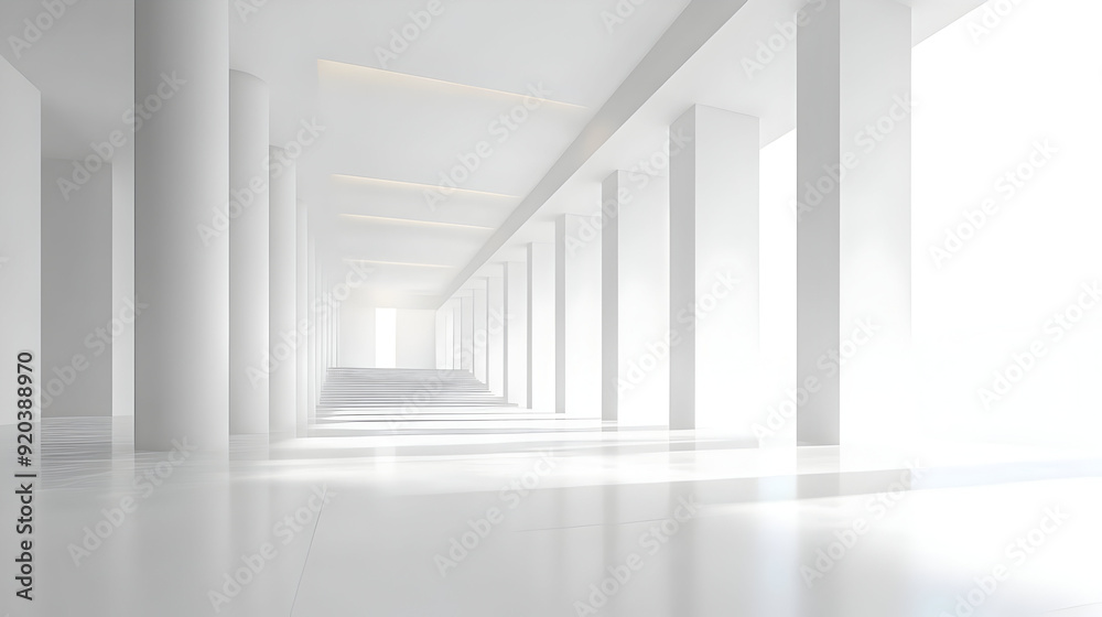 Fototapeta premium A spacious, bright corridor with white columns and minimalistic design.