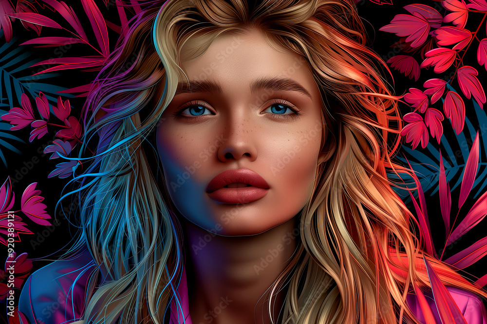 A woman with long blonde hair and a red lipstick is the main focus of the image. The background features a lush green forest with leaves and flowers, creating a vibrant and natural atmosphere A woman with long blonde hair and a red lipstick is the main focus of the image. The background features a lush green forest with leaves and flowers, creating a vibrant and natural atmosphere