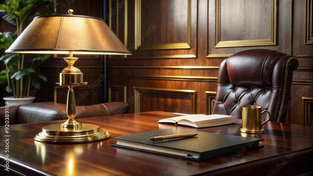 Luxurious gold desk lamp sitting atop a polished dark wood executive workspace, surrounded by scattered papers and a leather-bound planner, exuding sophistication and elegance. Luxurious gold desk lamp sitting atop a polished dark wood executive workspace, surrounded by scattered papers and a leather-bound planner, exuding sophistication and elegance.