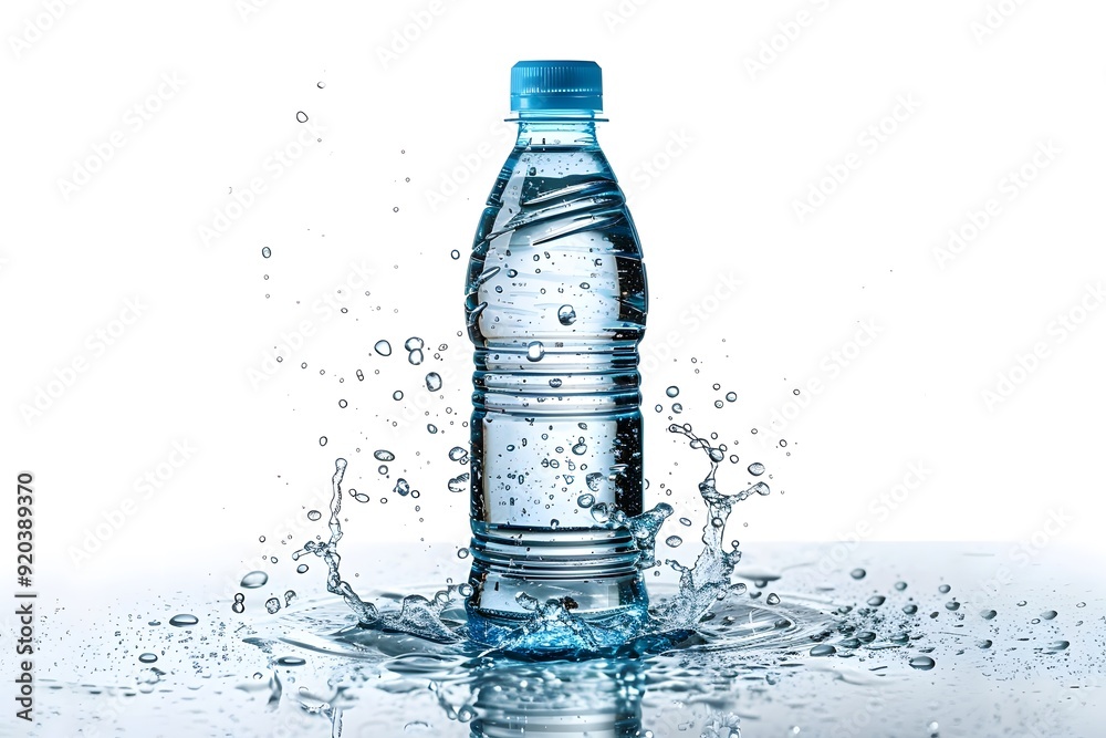 Refreshing Splash: A Water Bottle Surrounded by Droplets Refreshing Splash: A Water Bottle Surrounded by Droplets