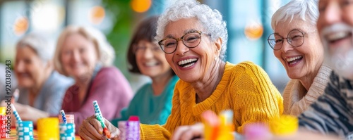 Diverse senior group playing bingo at a community center, enthusiastic expressions, close-up of game cards and markers, social seniors, community engagement concept