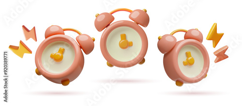 Pink alarm clocks and lightning bolts 3d vector icons collection. Alert, deadline and timing concept three dimensional business illustrations. 